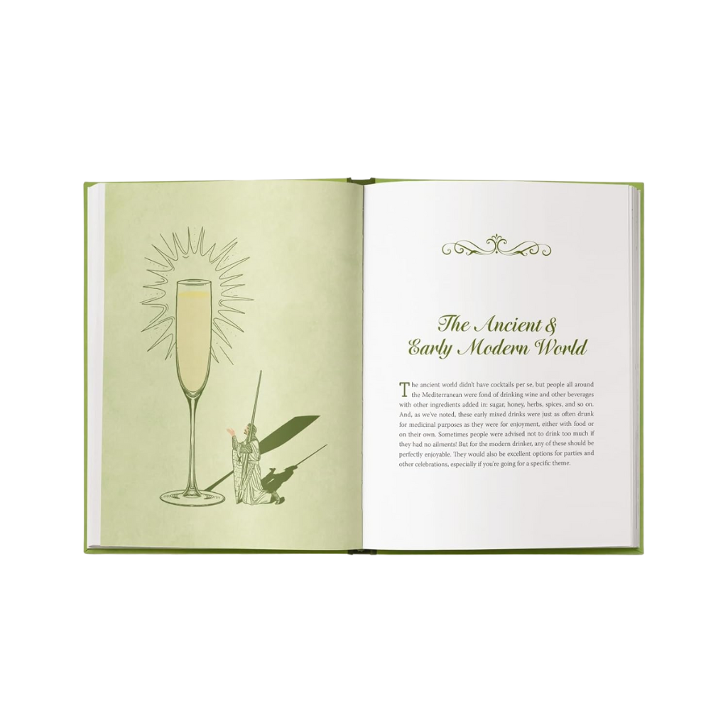 Open book with illustrations of a champagne flute and a sword, titled 'The Ancient & Early Modern World'.