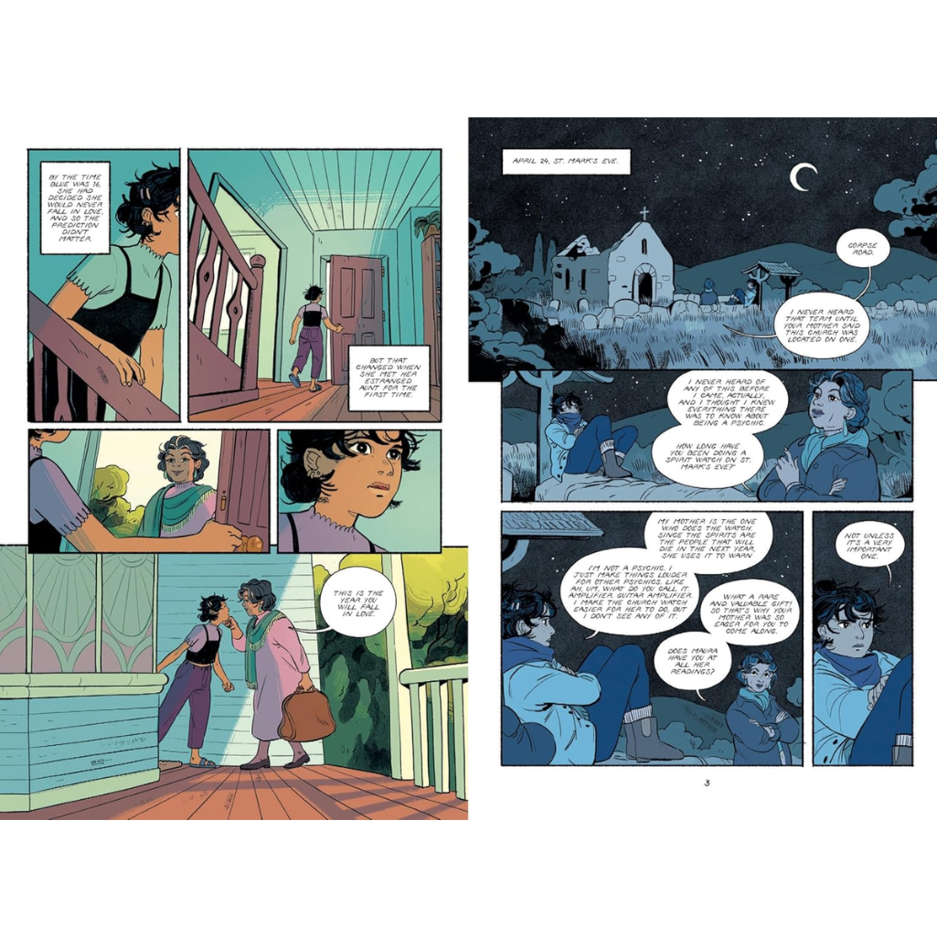Comic book page with indoor and outdoor scenes featuring characters and dialogue bubbles.