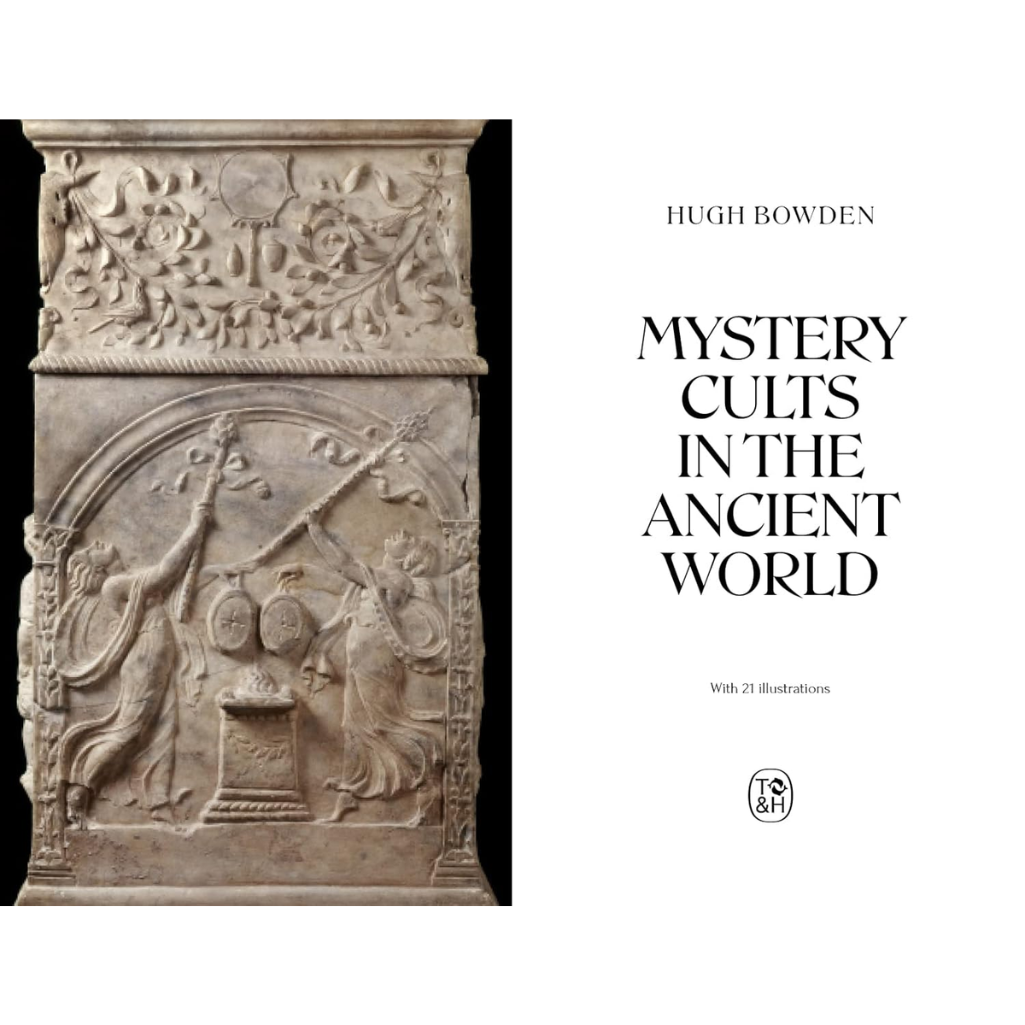 Book cover of 'Mystery Cults in the Ancient World' with stone sculpture design.