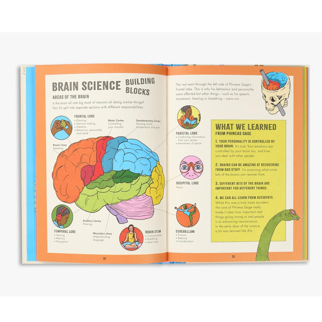 Open book with educational content about brain science on a white background