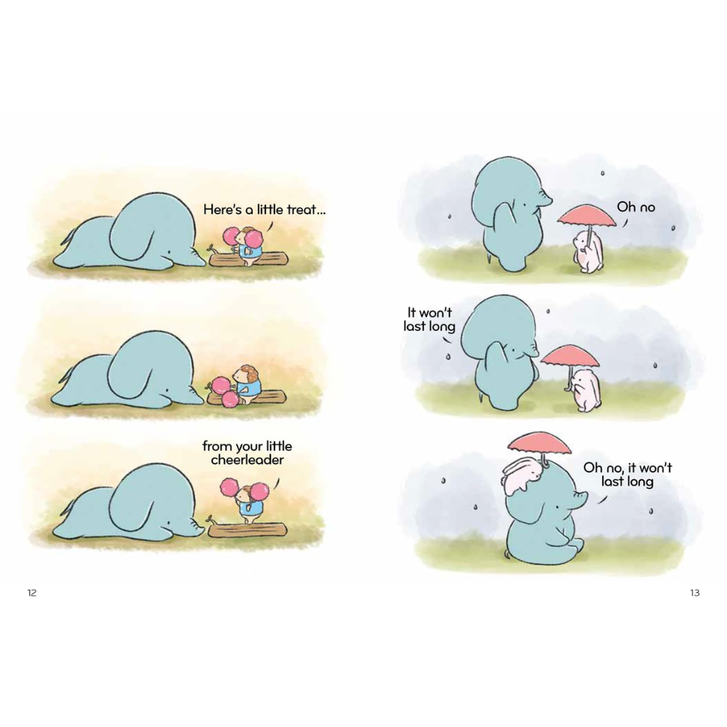 Cartoon illustration of elephants with a small mouse, showing a playful interaction.