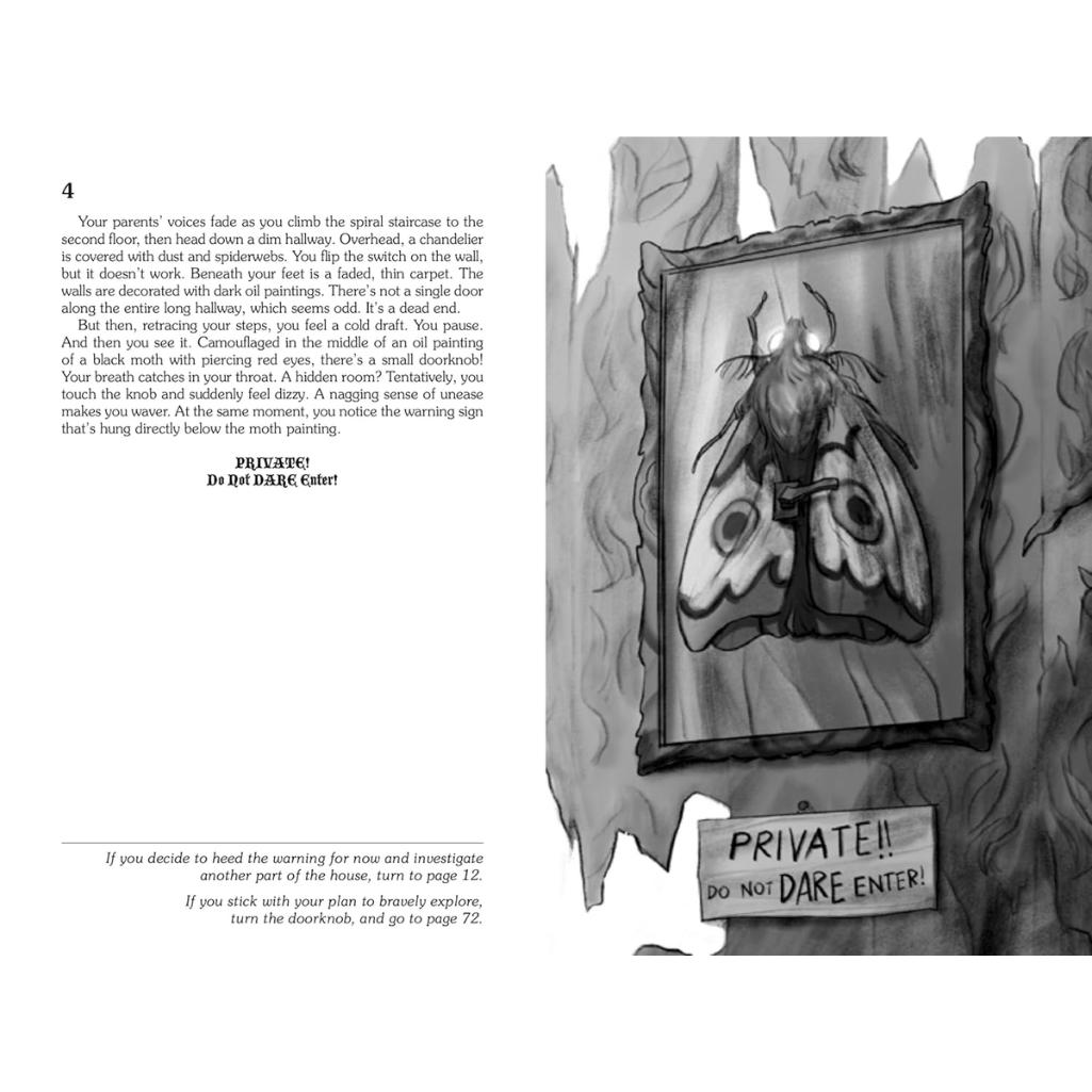 Illustration of a moth painting on a wall with a 'Private Do Not Enter' sign, from a book or game.