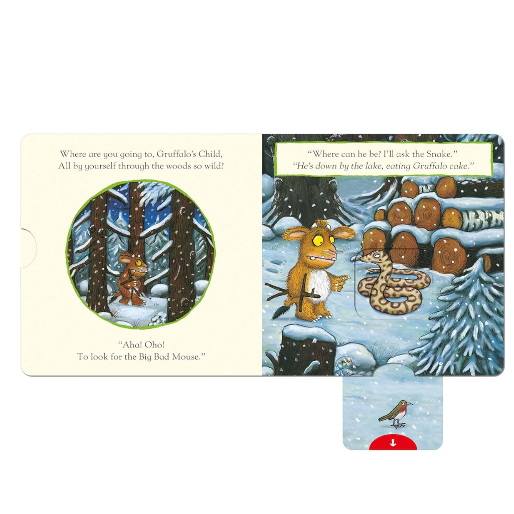 Illustrated book pages with Gruffalo characters in a snowy forest setting.