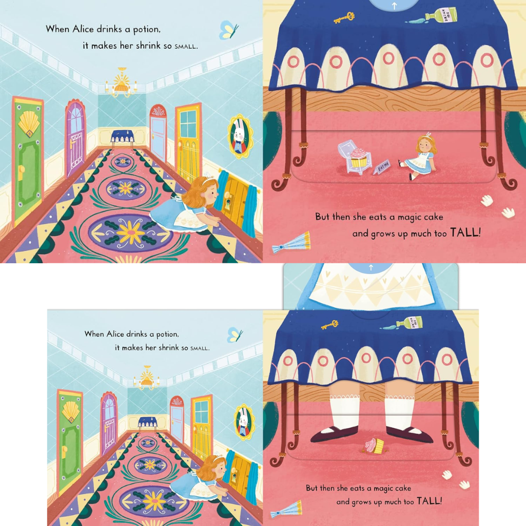 Illustrated book pages showing Alice shrinking and then growing tall after eating a magic cake.