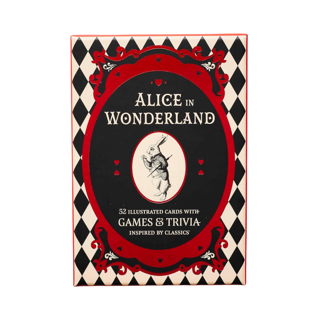 Card game box inspired by 'Alice in Wonderland' with black, red, and white design.