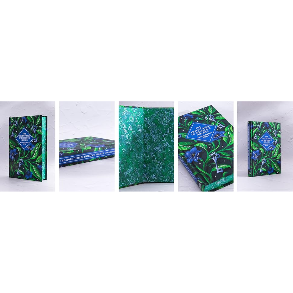 Set of five green books with floral designs on a white background