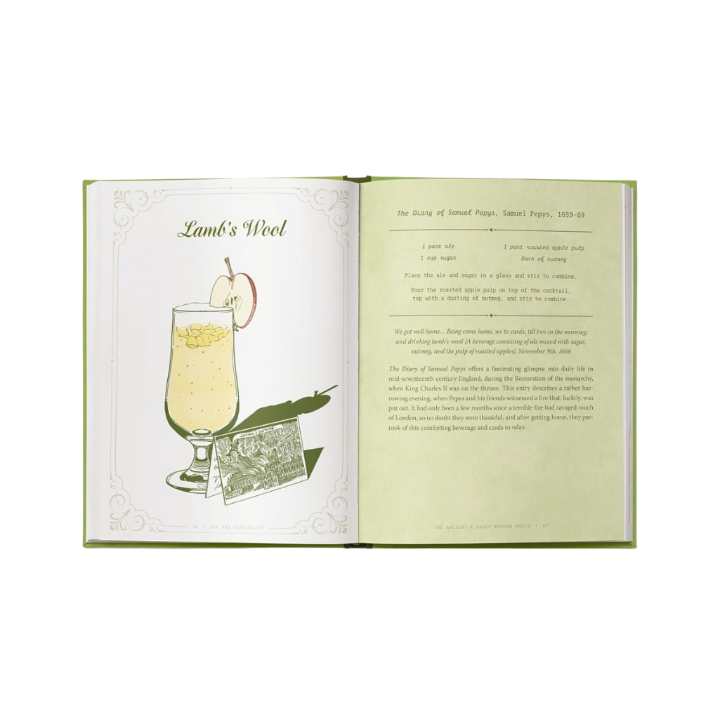 Open book with a cocktail illustration and text on a white background