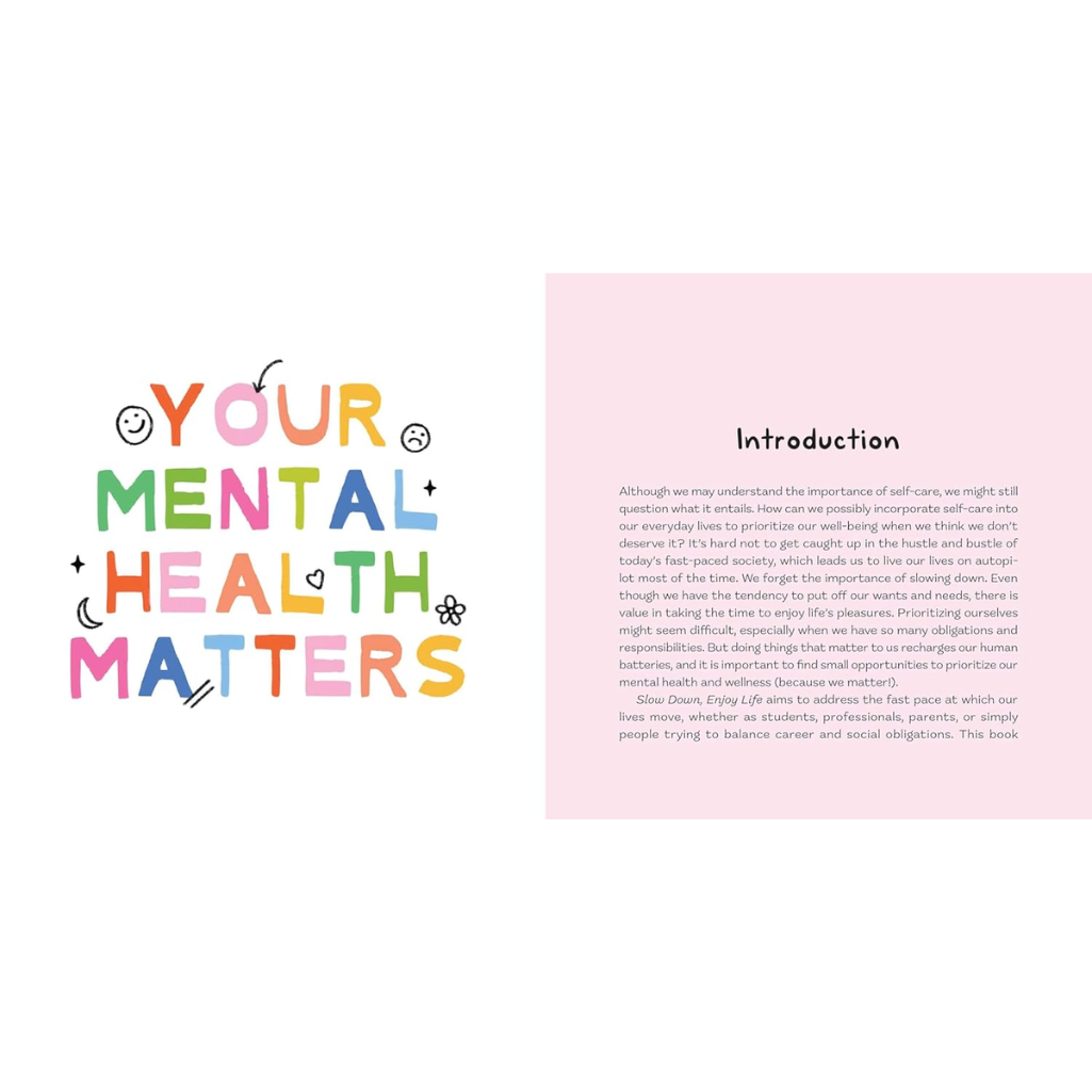 Book page with colorful text 'Your Mental Health Matters' on a pink background