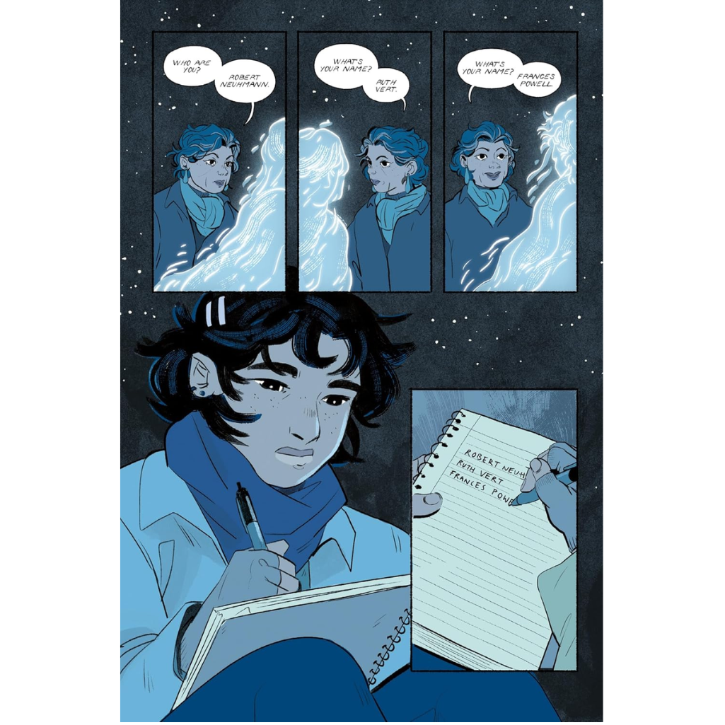 Comic strip with character writing in a notebook and dialogue bubbles.