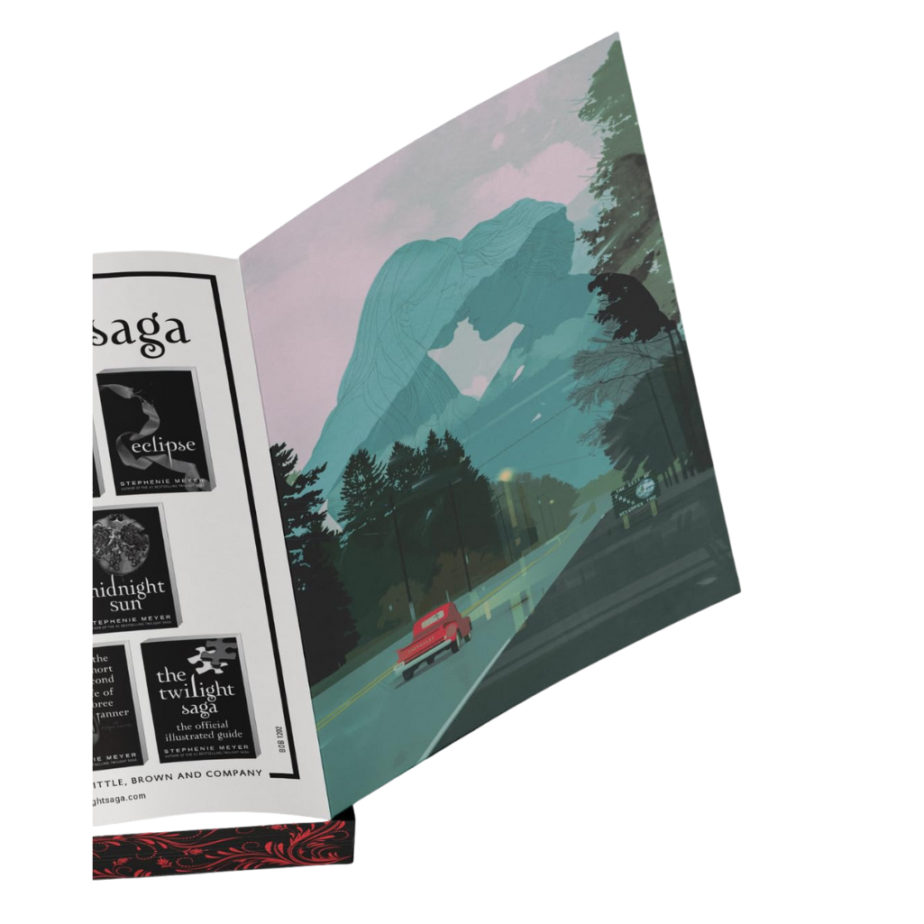 Twilight Saga book cover with a car and trees on a white background