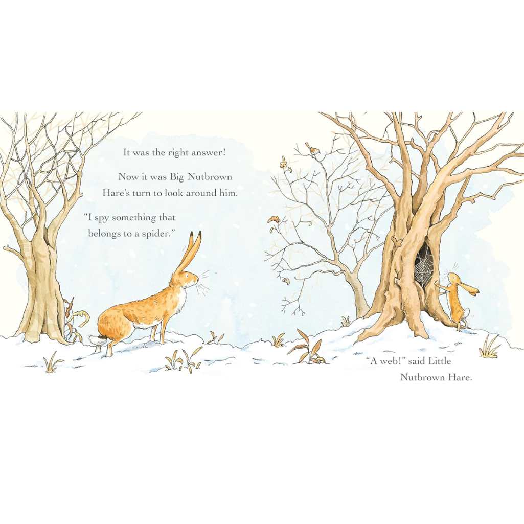 Illustration of a hare and a spider in a snowy landscape with text.