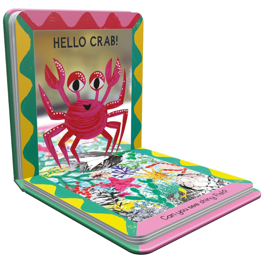 Children's book with a colorful cover featuring a pink crab and text.