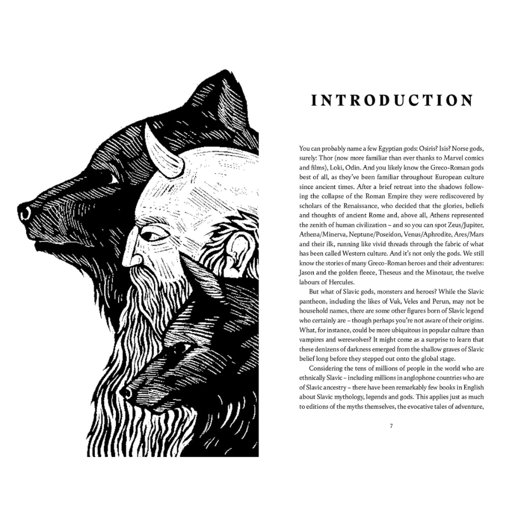 Page from a book with a black and white illustration of a bear and a bearded figure, followed by text.