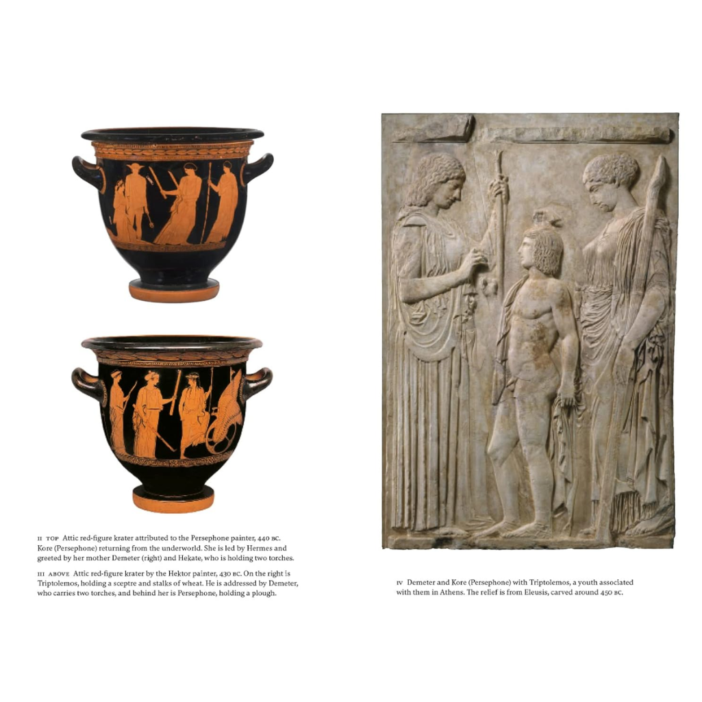 Two ancient Greek vases with figures and a stone relief of two figures, on a white background.