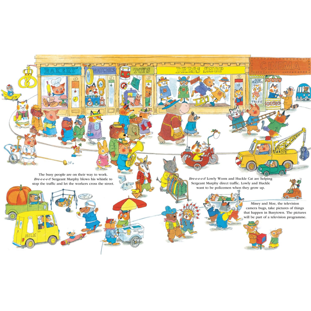 Illustration of cartoon characters in a busy street scene with various activities.