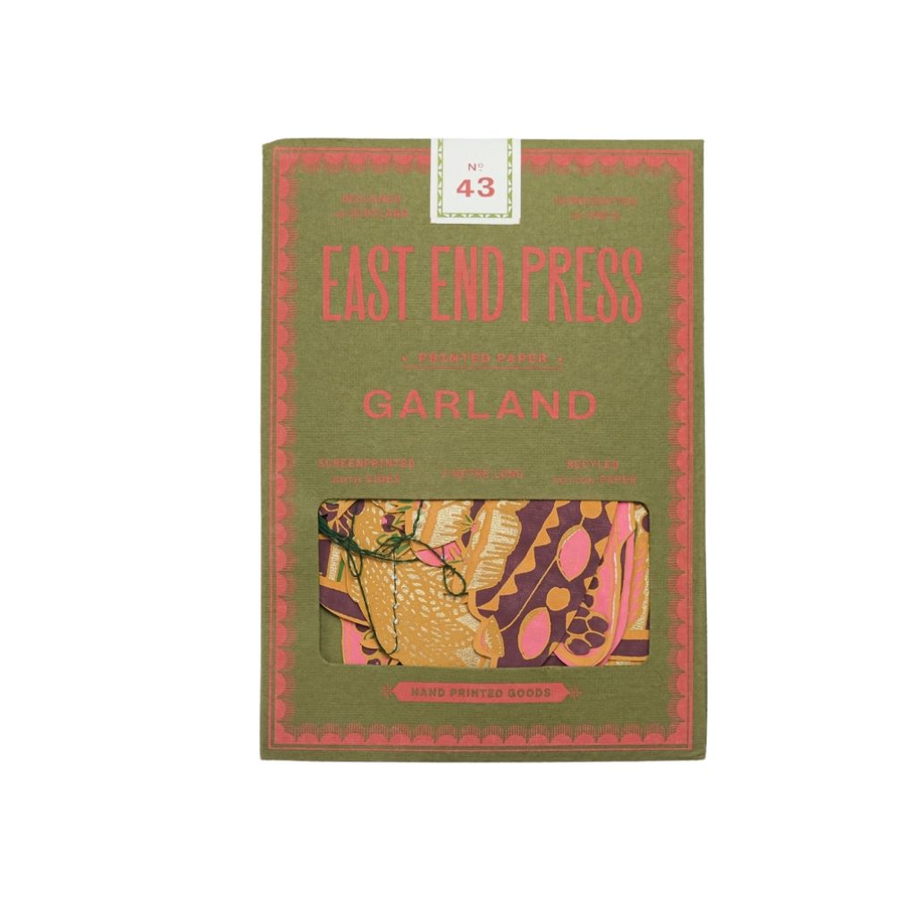 Packaging of the Banquet Garland with 'East End Press' branding and colorful design on a green background