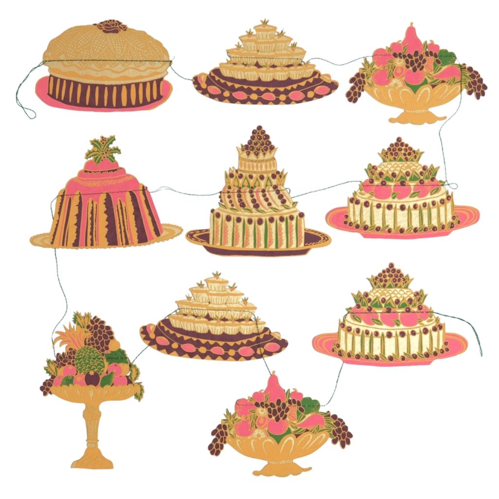 Garland Featuring Decorative cake stand set with various cake designs on a white background