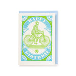 Featuring a lime green illustration of a gentleman on a bicycle with a lime green and baby blue detailed border and the words 'Happy Birthday' in white.