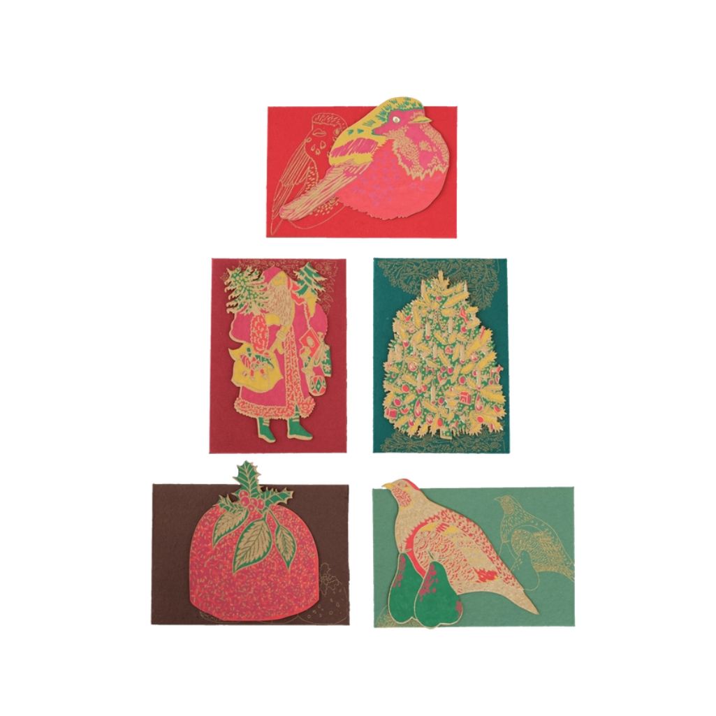 Set of five colorful greeting cards with various designs on a white background