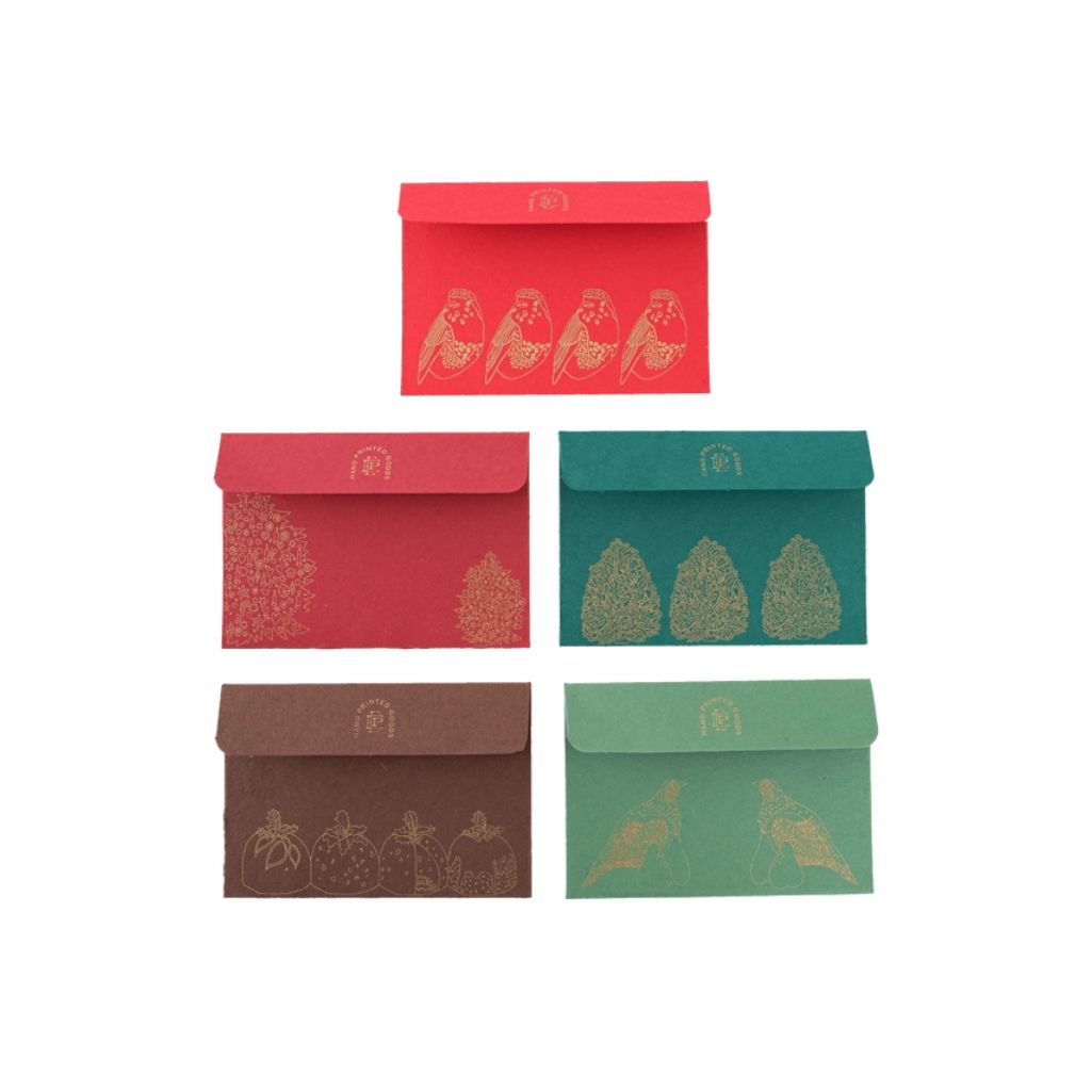 Set of five red, green, and brown envelopes with gold bird designs on a white background