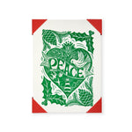 Christmas card with green holly design and 'Peace' text on a white background