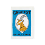 A letterpress greetings card with a vibrant blue background featuring a white oval with a goat head in the centre and the words 'Greatest of All Time.'