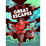 Book cover of 'Great Escapes' with a central figure in a red shirt and various illustrations on a dark background.