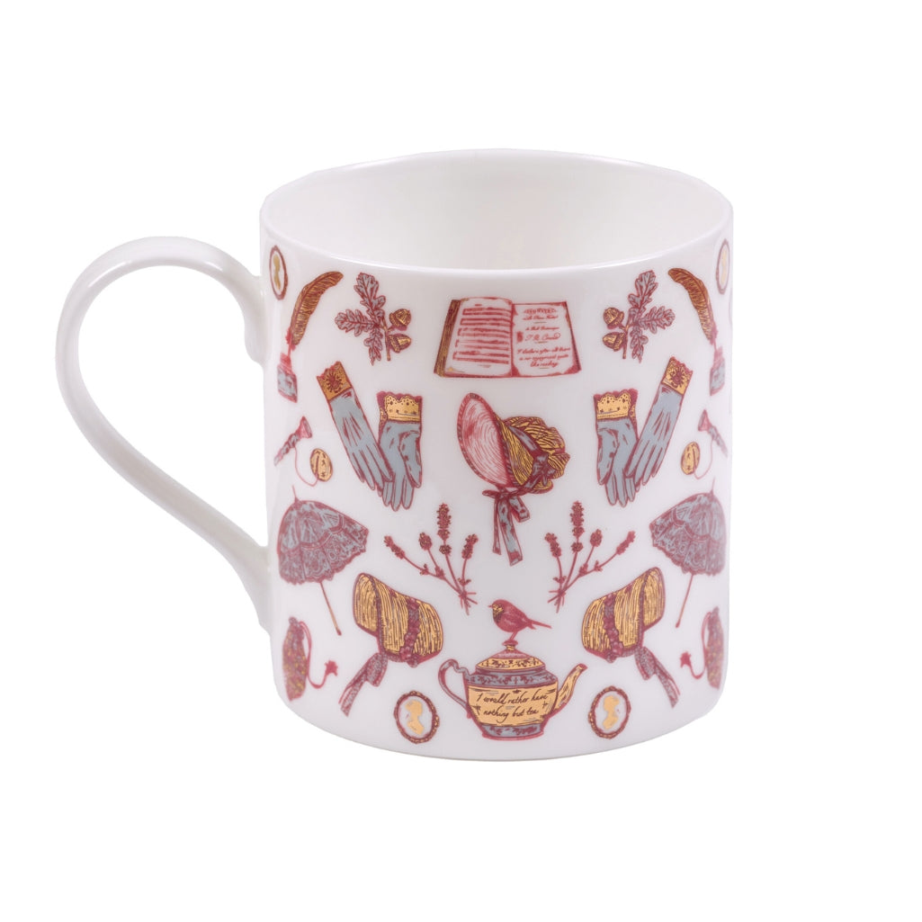 White mug with colorful pattern on a white background