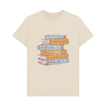 Beige t-shirt with a graphic of stacked books on a white background