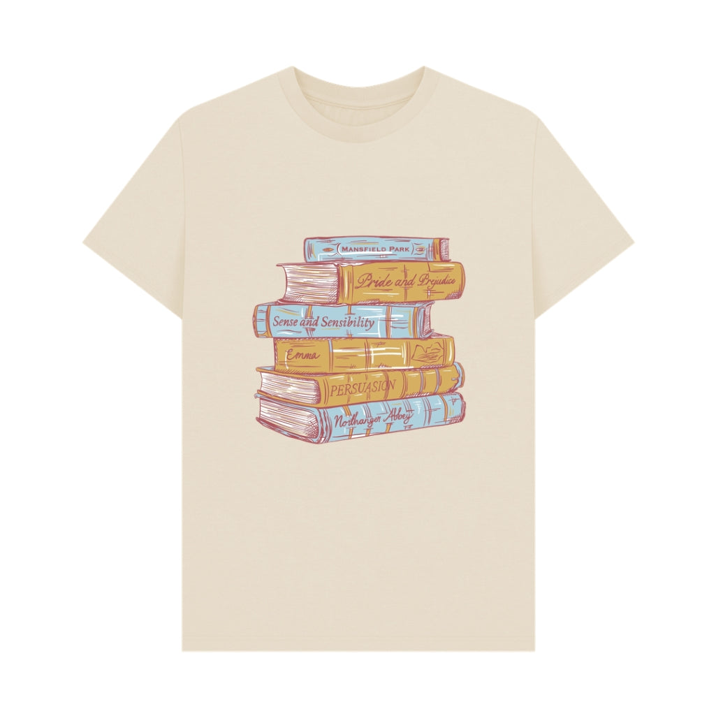 Beige t-shirt with a graphic of stacked books on a white background