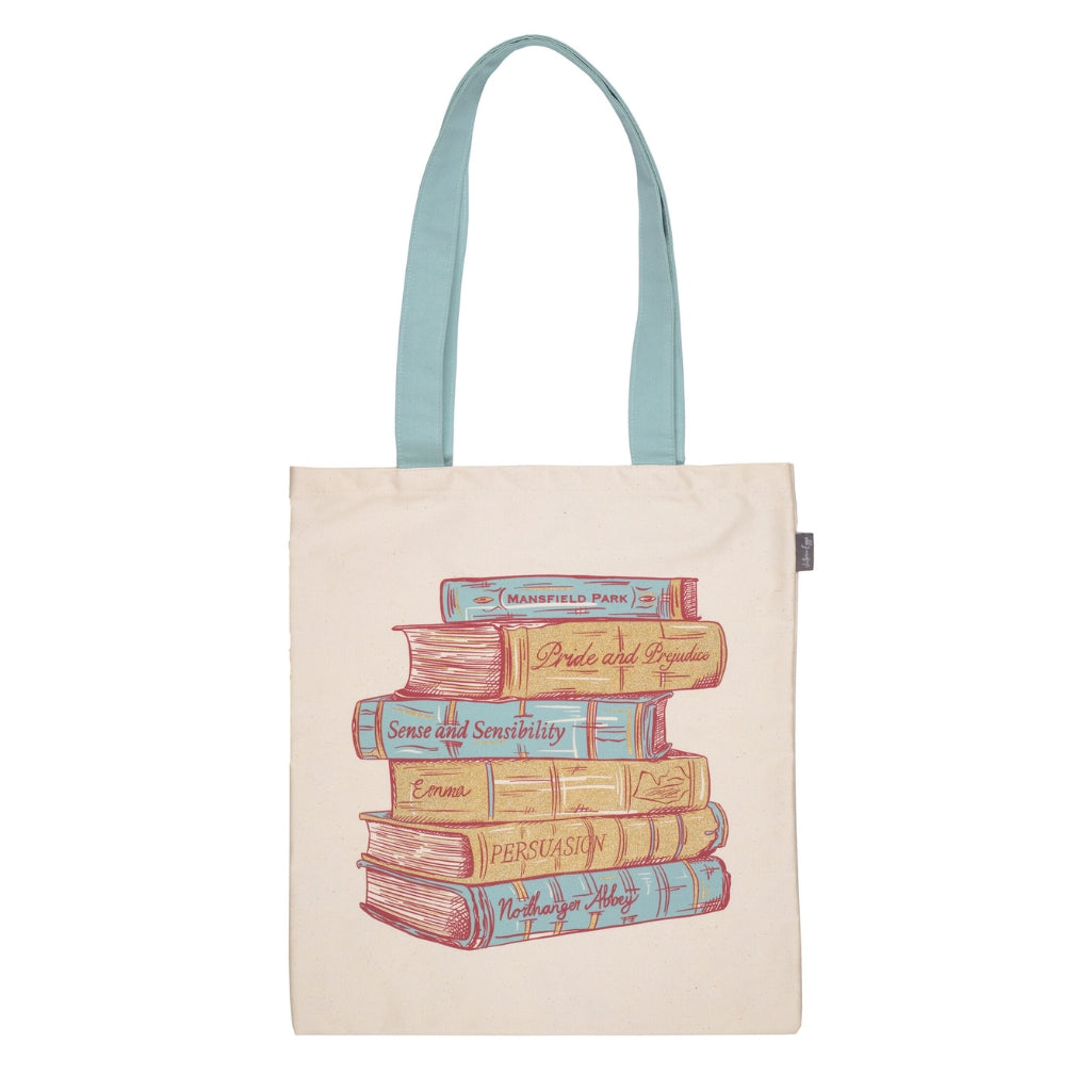 Tote bag with a design of stacked books on a white background