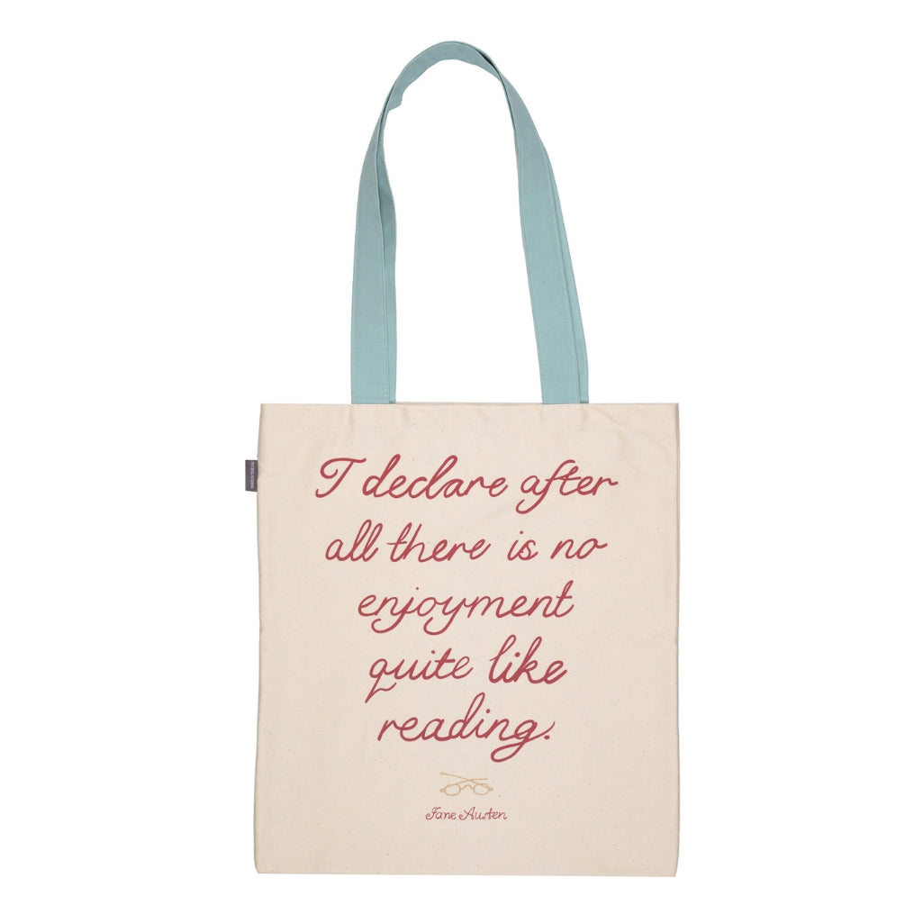 Tote bag with red text on a white background