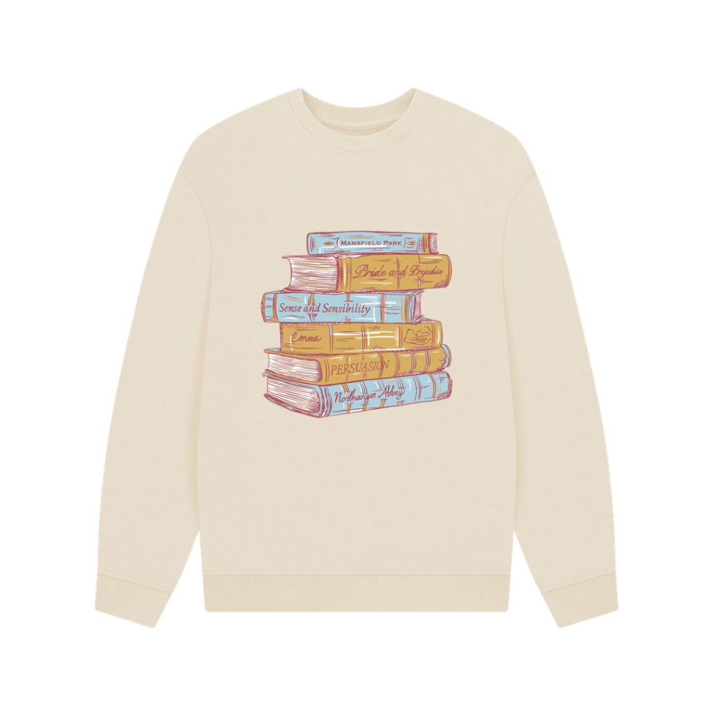 Beige sweatshirt with book stack design on a white background