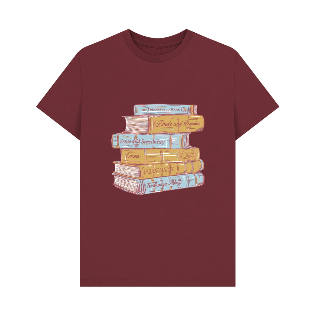 Maroon t-shirt with a graphic of stacked books on a white background