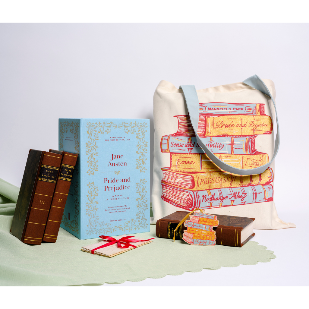 Tote bag with book design, Pride and Prejudice facsimile, bookstack wooden decoration on a white background