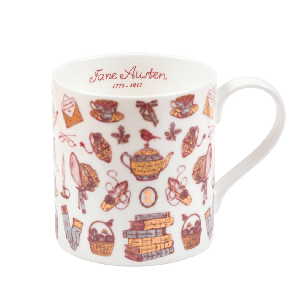 Mug with Jane Austen design featuring books, teacups, and other elements on a white background.