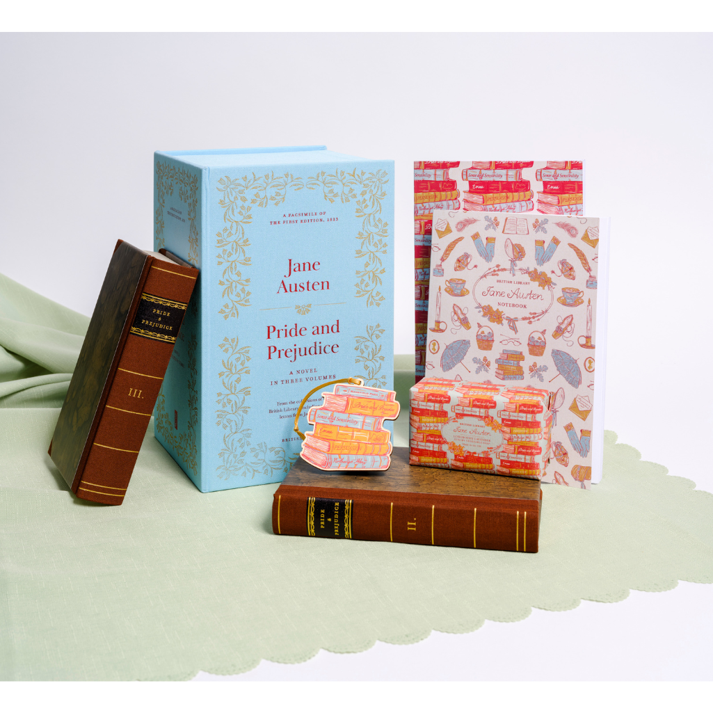 Book-themed gift set with 'Pride and Prejudice' facsimile, set of 2 hand illustrated notebooks, Lavender soap, stacked books wooden decoration.