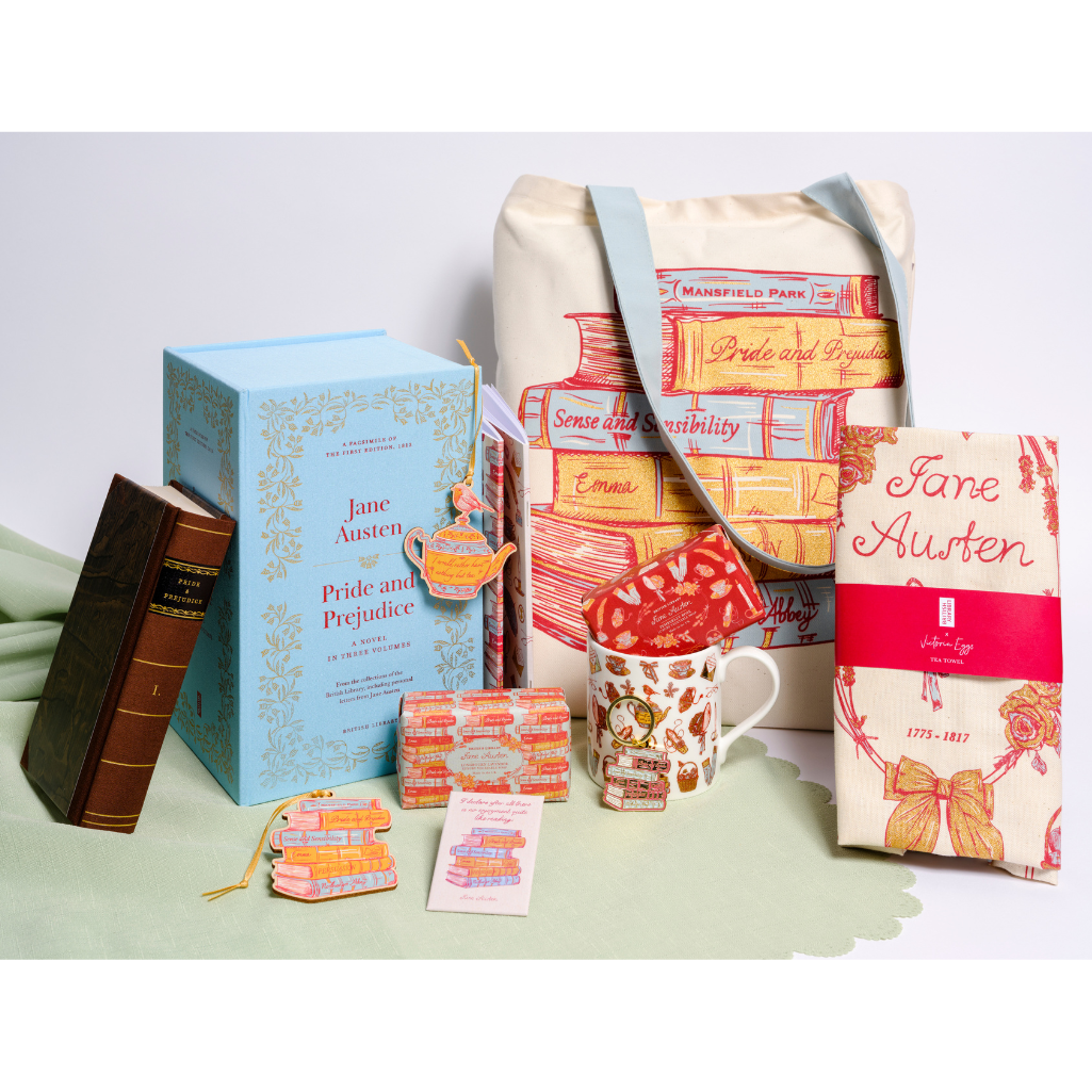 the full collection, facsimile, bags, teatowel, china mug, soaps in lavender and rose, decorations in bookstack and teapot, bookstack magnet and keyring, set of 2 notebooks.