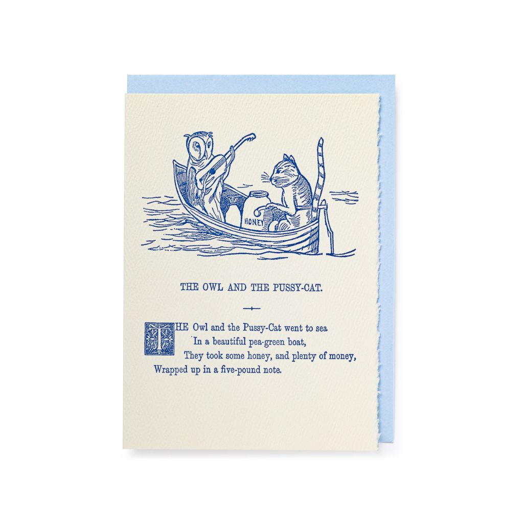 Card with illustration of an owl and a cat in a boat, accompanied by text.