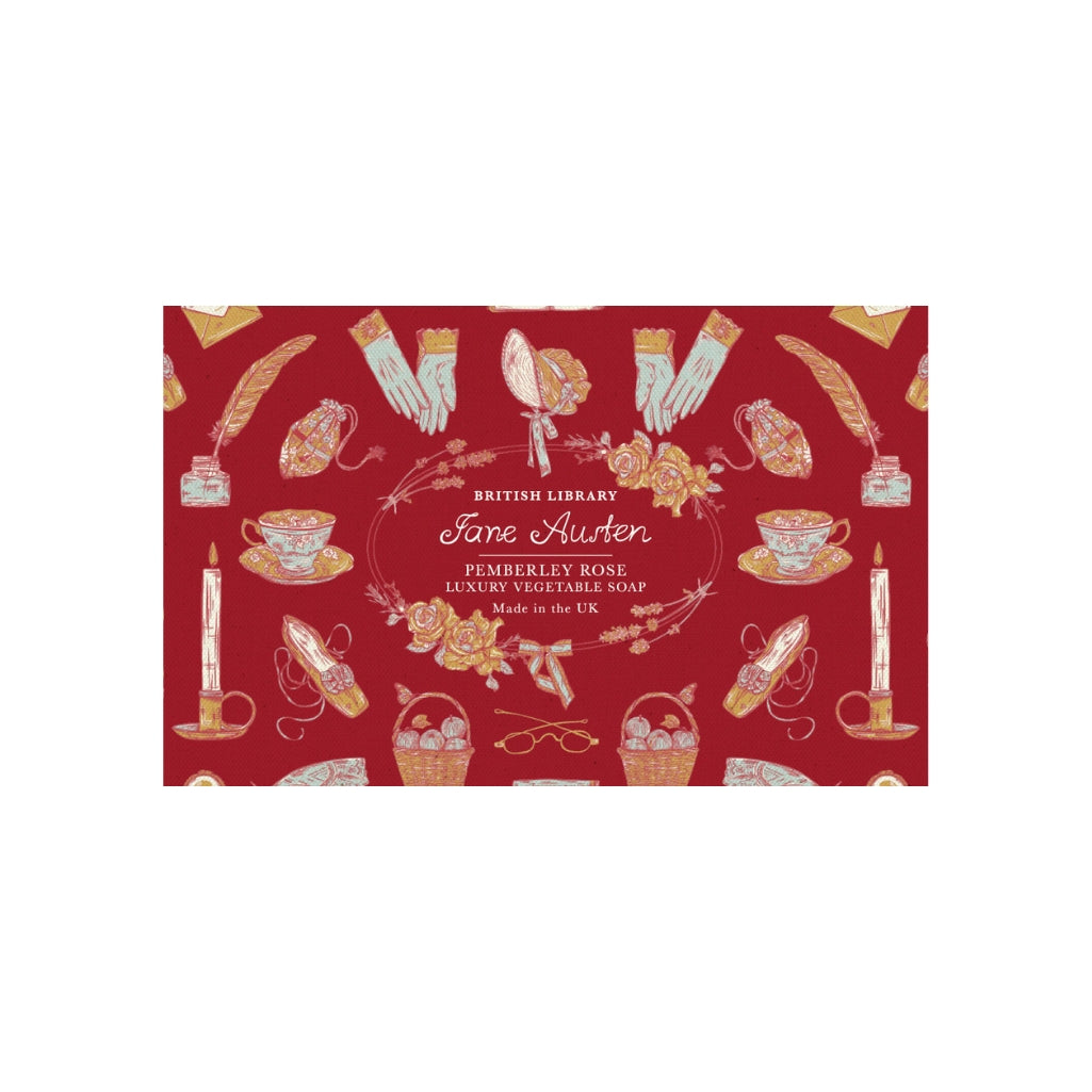 Red soap packaging with Jane Austen-themed illustrations on a white background