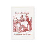 Illustration of three people at a table with text about self-medicating with wine on a white background.