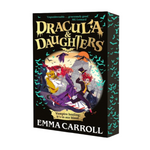 Book cover of 'Dracula & Daughters' by Emma Carroll with illustrations of characters and text on a black background.
