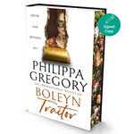Book titled 'Boleyn Traitor' by Philippa Gregory with a signed copy label on a white background