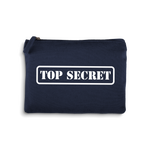 Navy blue pouch with 'TOP SECRET' text on a white background