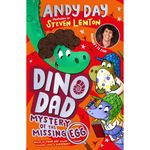 Book cover of 'Dino Dad: Mystery of the Missing Egg' with colorful dinosaurs and a child's face.