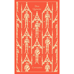 Book cover of 'Don Quixote' with white illustrations on a red background
