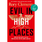 Book cover of 'Evil in High Places' by Rory Clements with a red background and eagle illustration.