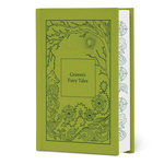 Green book titled 'Grimm's Fairy Tales' with decorative cover design on a white background
