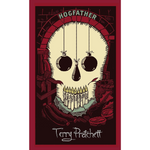 Book cover of 'Hogfather' by Terry Pratchett with a skull design and red border.