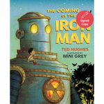 Book cover of 'The Coming of the Iron Man' with a robot and child illustration.